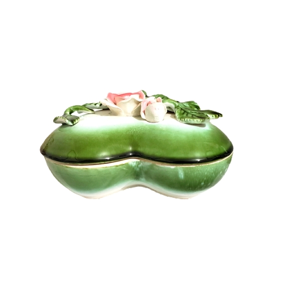 VTG Royal Sealy Japan Heart Trinket Dish Green Pink Roses CottageCore Decor - Picture 5 of 8